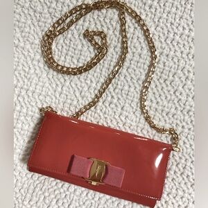 Ferragamo Orange Patent Leather wallet with gold chain